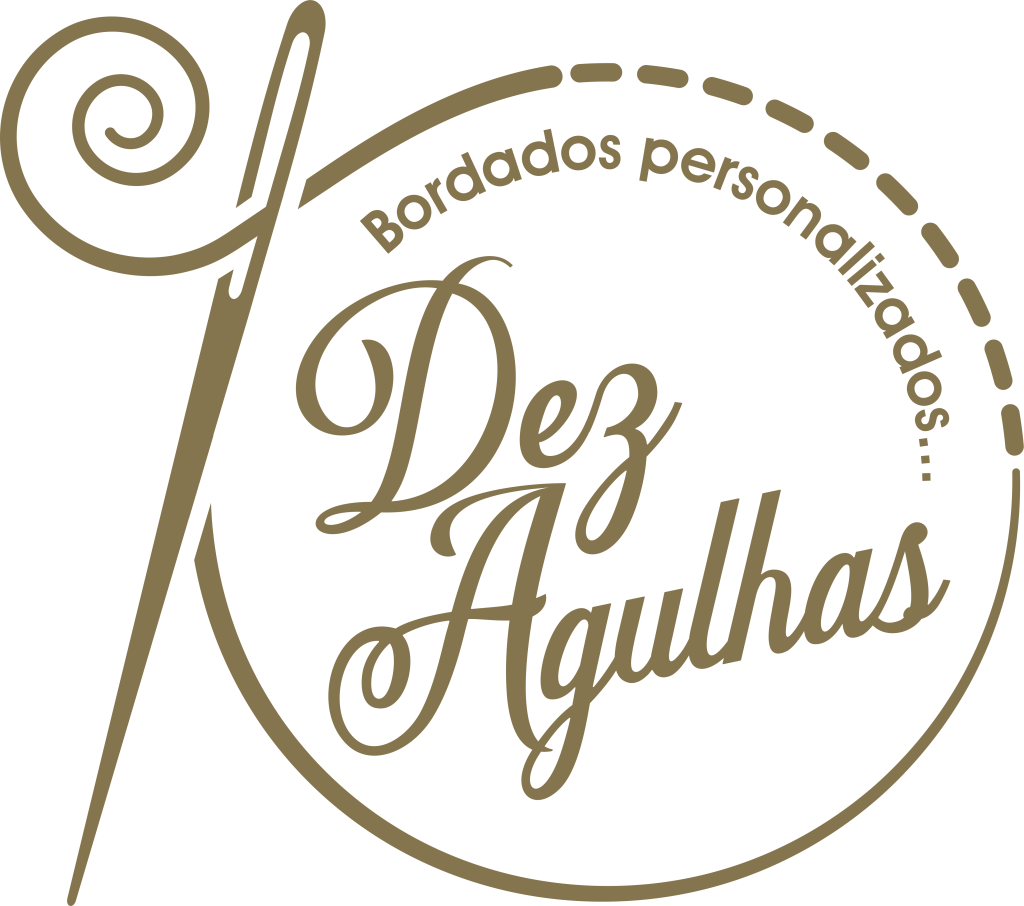 Logo da marca Dez Agulhas: Bordados Personalizados. Design sofisticado em dourado sobre fundo preto, apresentando uma agulha estilizada com linha em forma de flor, o nome 'Dez Agulhas' em caligrafia elegante e a frase 'Bordados personalizados...' em semicírculo com tracejado.